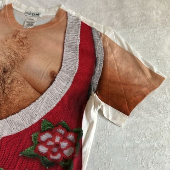 Faux Real Mans Hairy Chest In Ugly Christmas Sweater Vest T shirt Size Medium - Picture 4 of 9